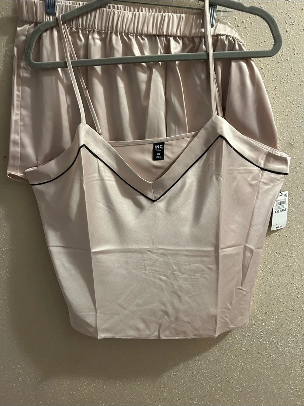 INC International Concepts Light Blush Satin Cami and Shorts Set with Black Trim - Picture 3 of 6
